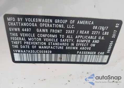 2018 Volkswagen Passat 2.0T R-Line/2.0T S z USA, uszkodzony, nr VIN 1VWAA7A33JC003829